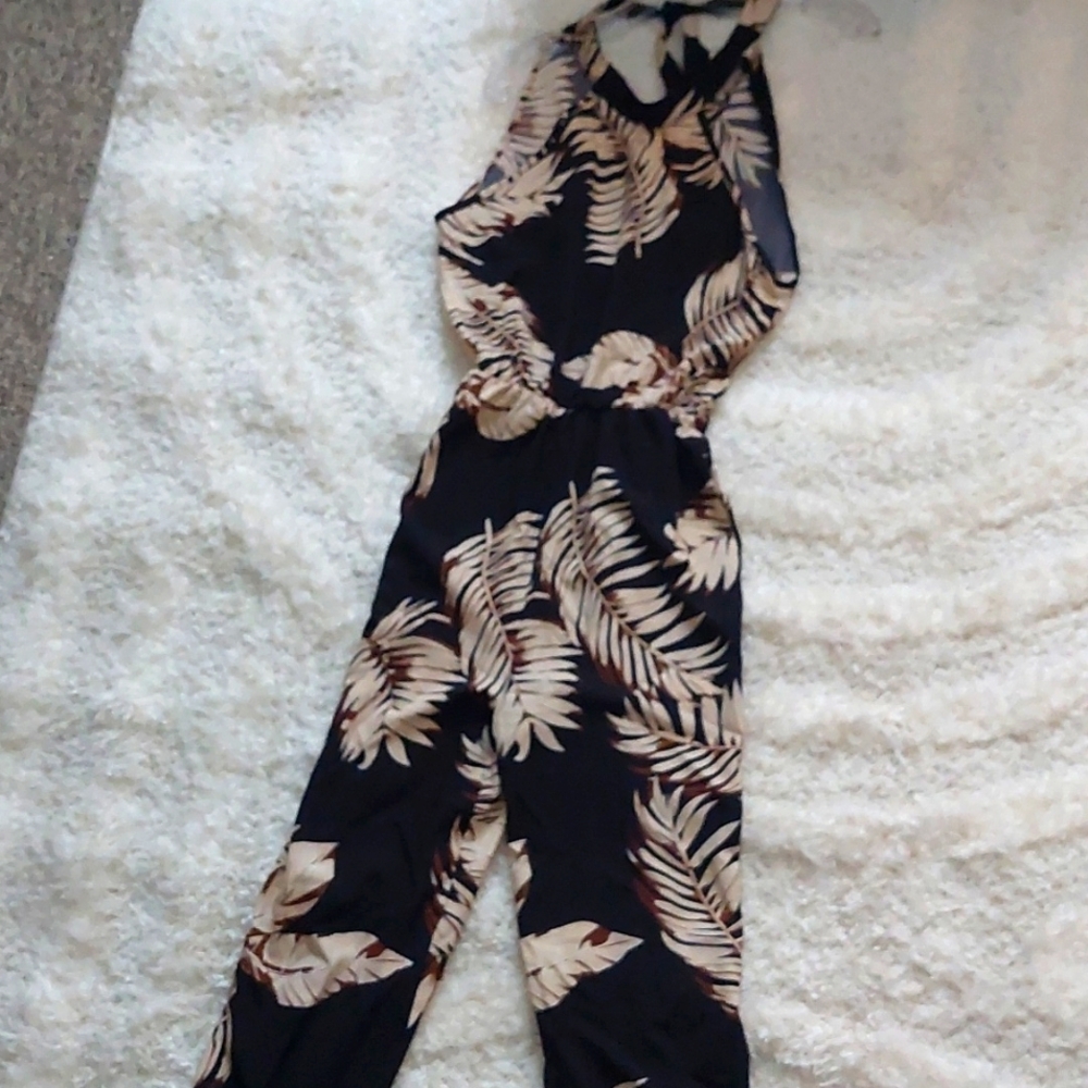 Tropical pattern halter tie jumper.